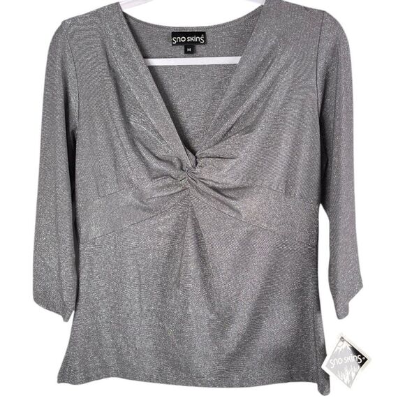 Sno Skins Metallic Silver Gray 3/4 Sleeve Twist Front V-Neck Top Size Medium NWT - Picture 1 of 7